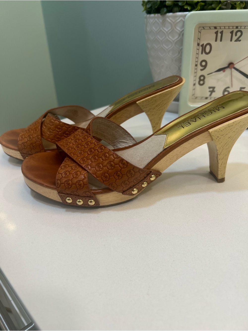 Michael Kors Cognac Brown Embossed Leather Cross-Strap Heeled Mules